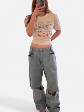 Source Unknown Wave adjustable wide leg distressed light wash jeans